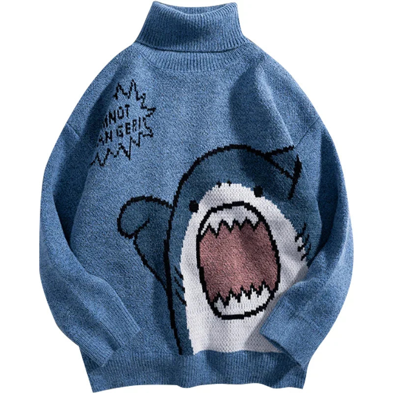 Oversized gray shark knit jumper with bold Harajuku motif, relaxed streetwear silhouette