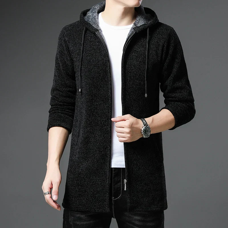 Men's chenille wool jacket with zip front fleece lined hood, ribbed cuffs, relaxed fit in neutral tone