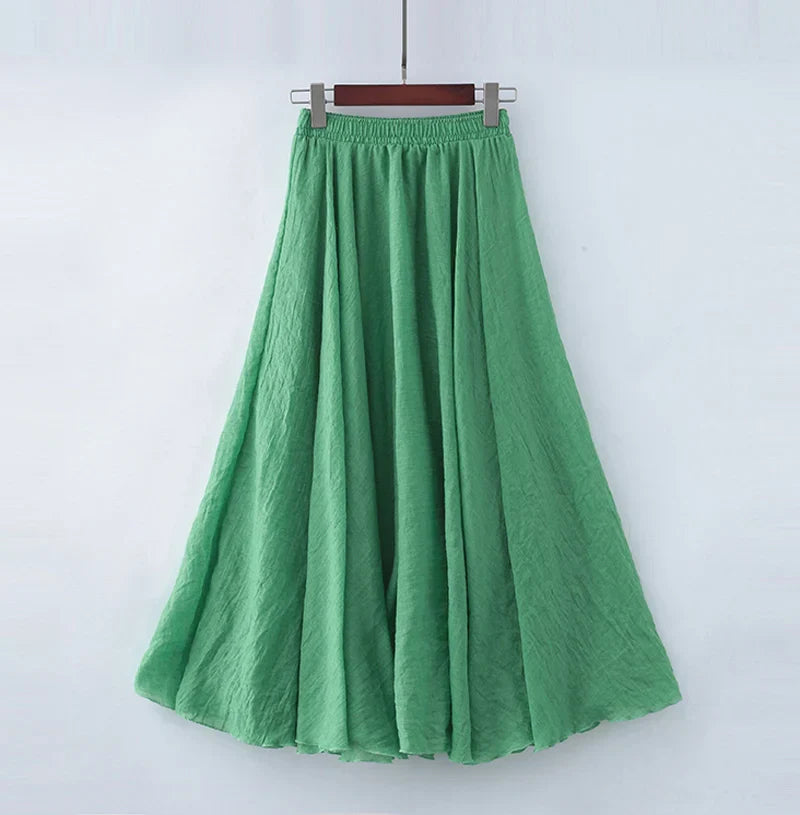 Women's cotton-linen pleated A-line maxi skirt, breathable lightweight fabric with fluid drape