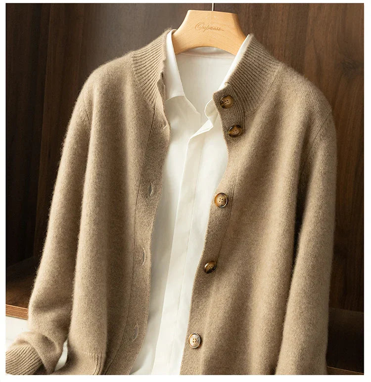 Women's cashmere cardigan high neck cozy knit in neutral tone, 100% wool ultra-soft everyday luxury