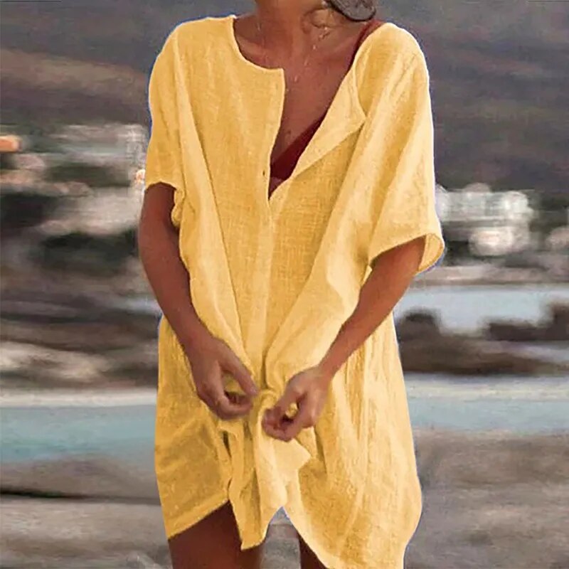 Women's ruby red cotton-linen flared hem dress, breathable lightweight casual chic summer style