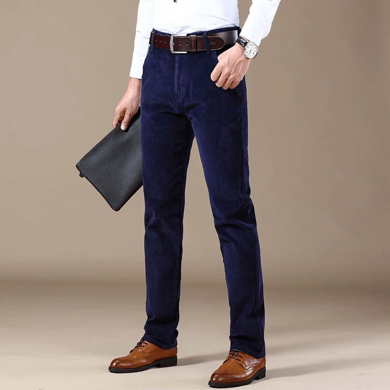 Men's brown corduroy pants slim fit with ribbed texture, warm winter casual semi-formal style