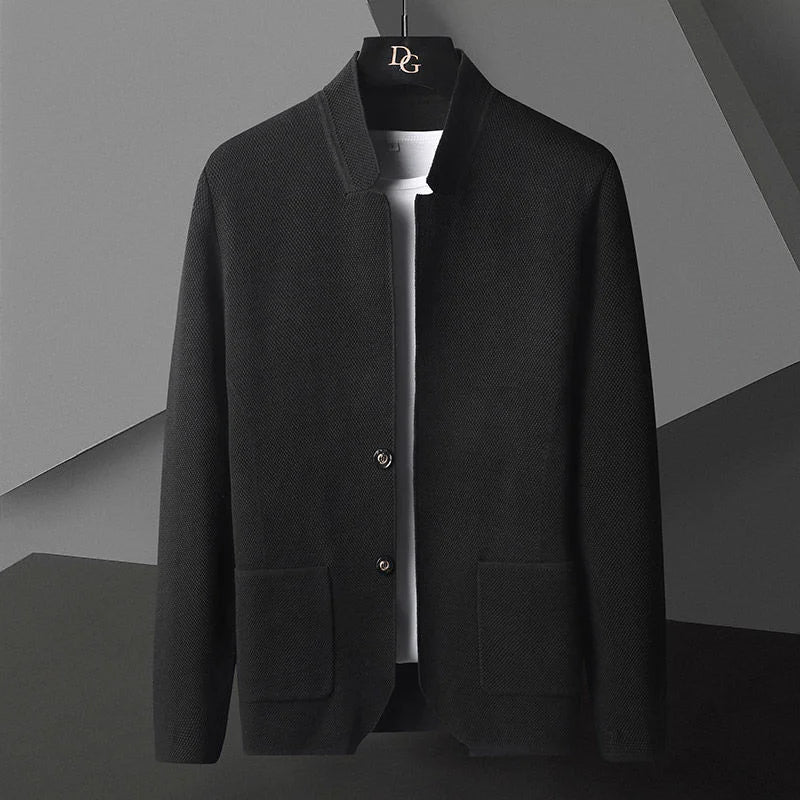 Men's slim cashmere knit cardigan with stand collar and deep pockets in neutral tone