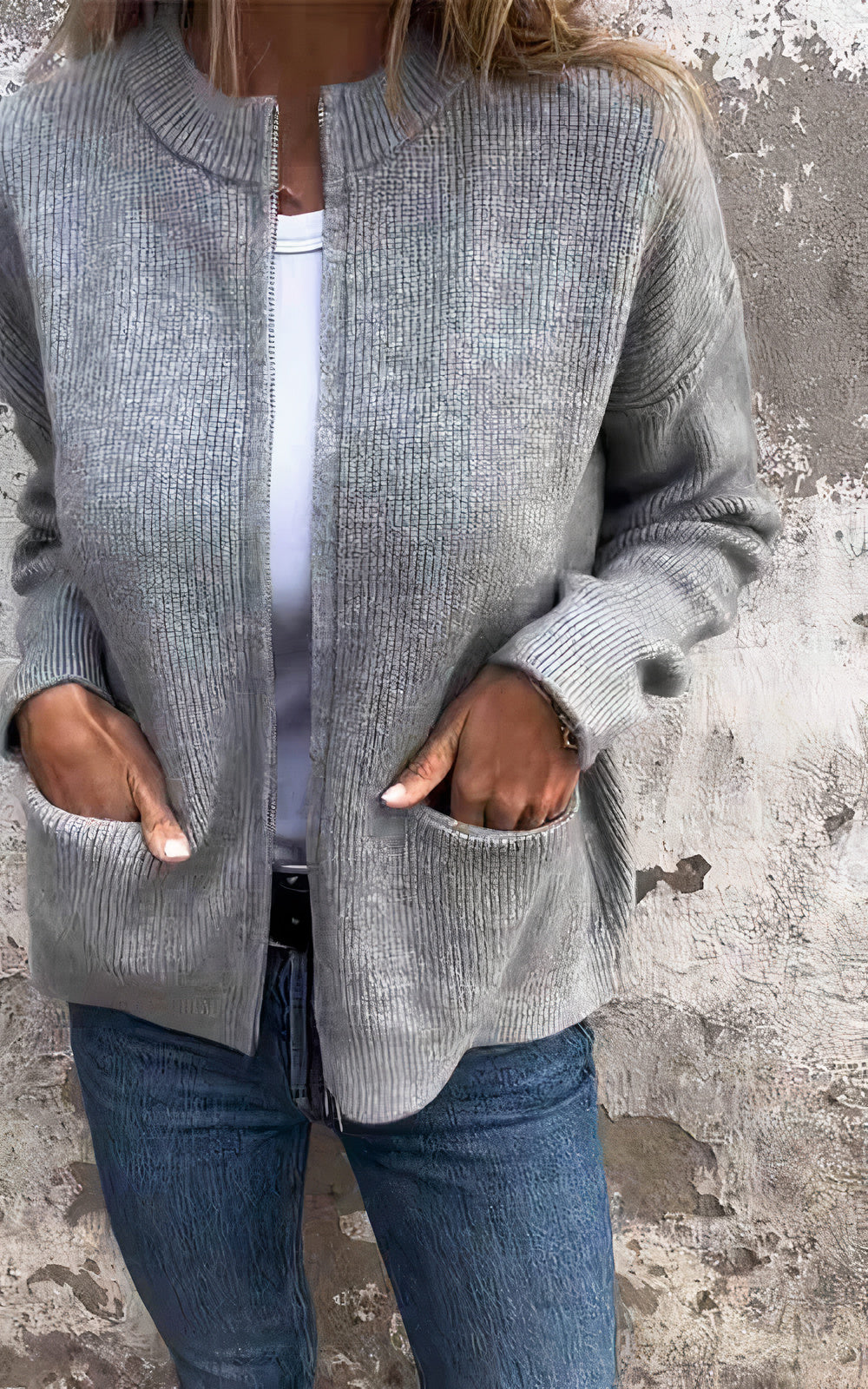 Women's elegant knitted zip-up cardigan, cozy soft fabric, versatile everyday layering essential