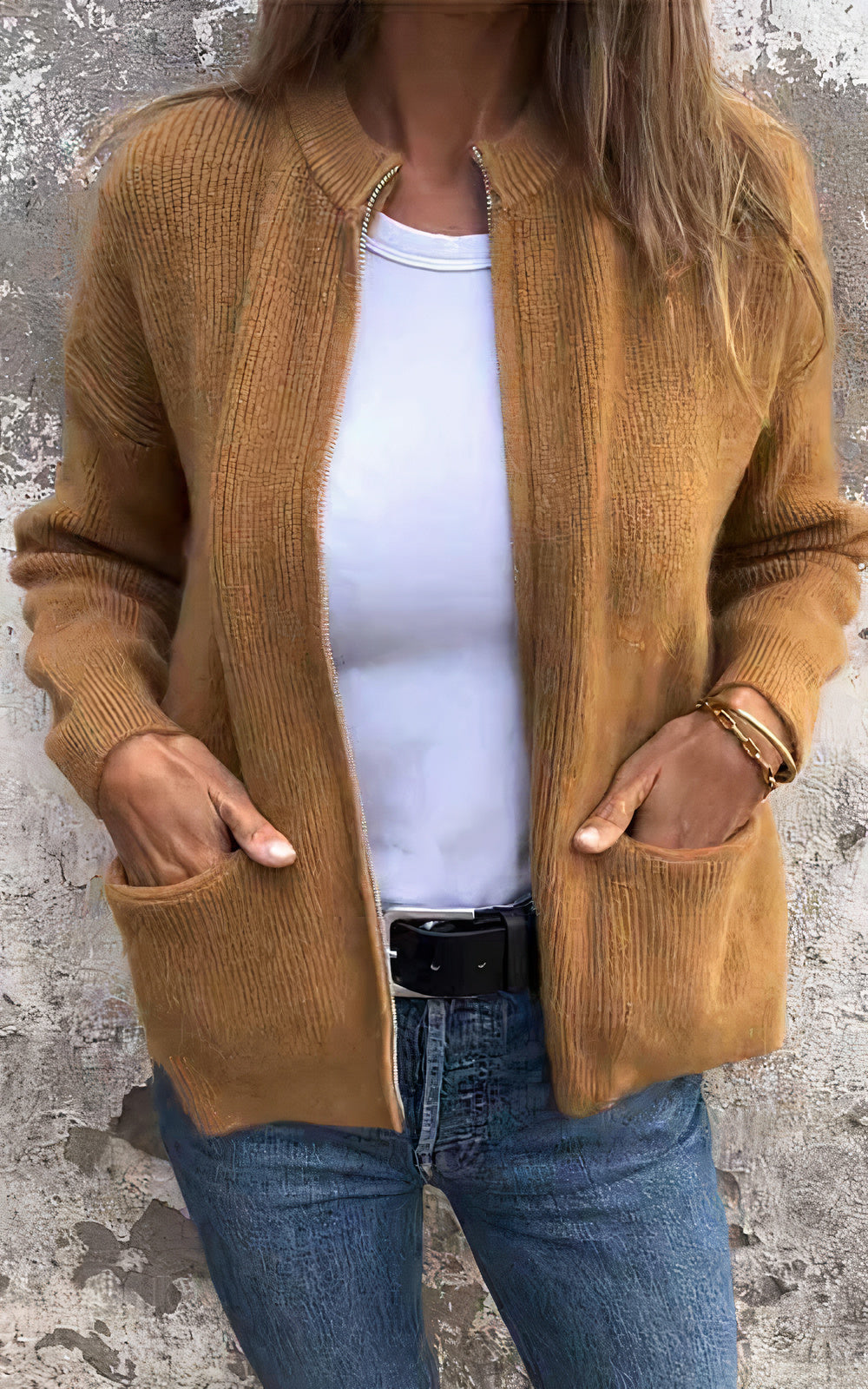 Women's elegant knitted zip-up cardigan, cozy soft fabric, versatile everyday layering essential