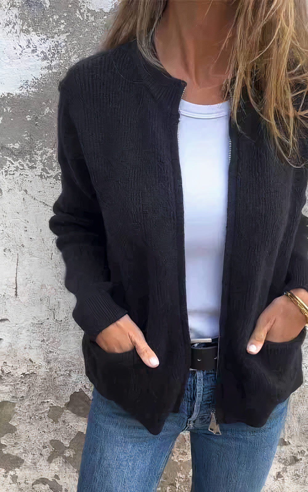 Women's elegant knitted cardigan with zipper, cozy soft fabric, versatile everyday wear essential
