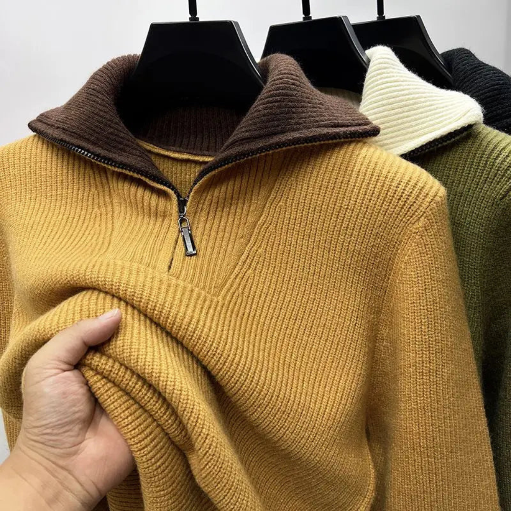 Men's gray relaxed fit ribbed knit sweater with zip high collar for casual everyday wear