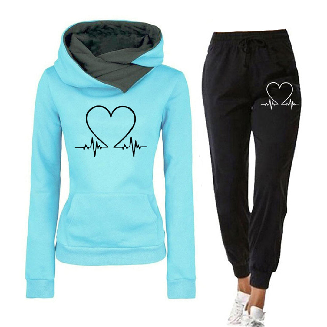 Women's relaxed fit two-piece tracksuit hoodie joggers set with minimal heart graphic cozy loungewear