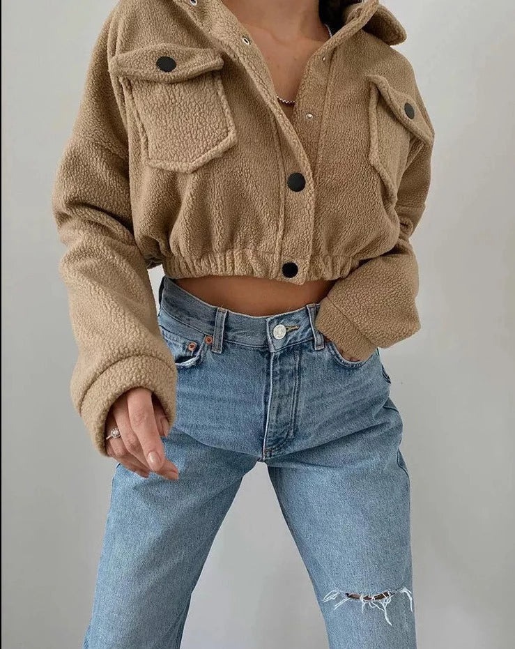 Women's cropped button-up jacket with soft textured finish, casual-chic everyday style