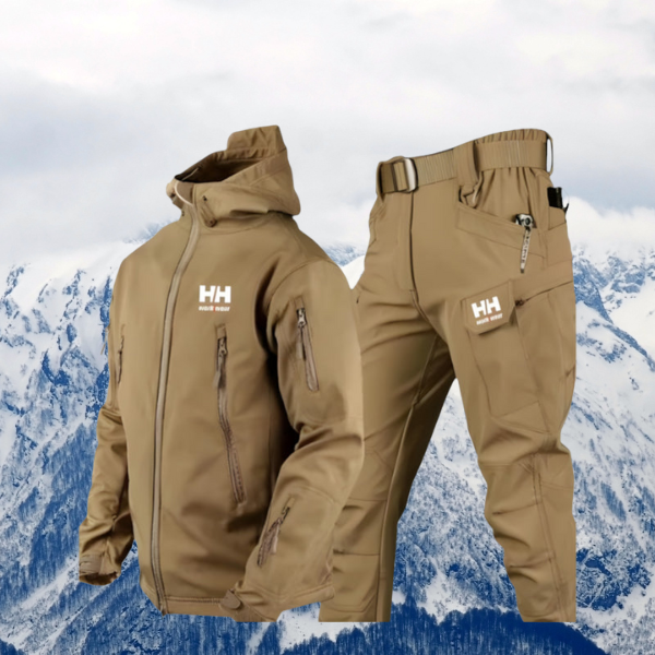 Women's black insulated winter jacket and pants set with waterproof protection for outdoor use