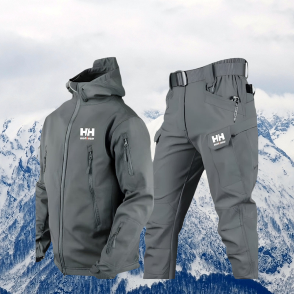Women's black insulated winter jacket and pants set with waterproof protection and thermal lining