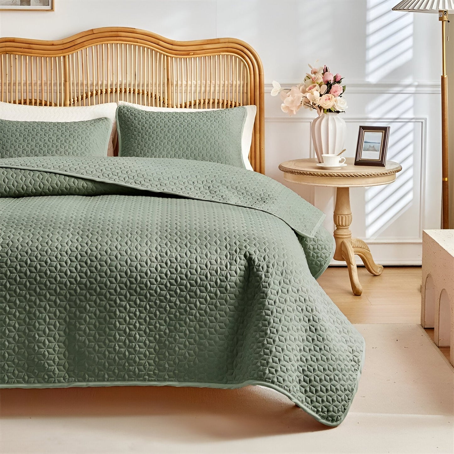 Beige quilted bedspread set three-piece minimalist design with subtle texture for calm bedrooms