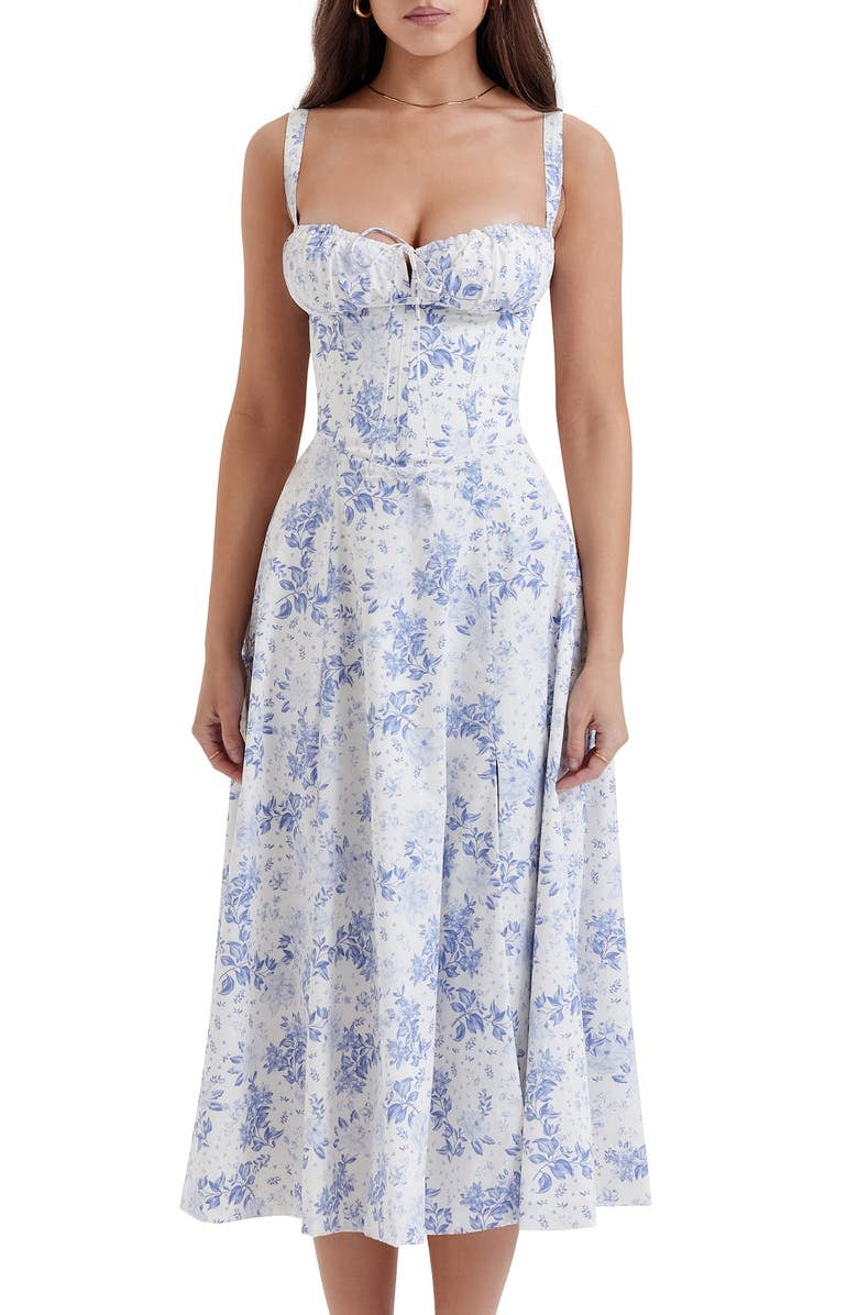 Women's floral midi dress with sweetheart neckline, A-line cut, light summer party silhouette