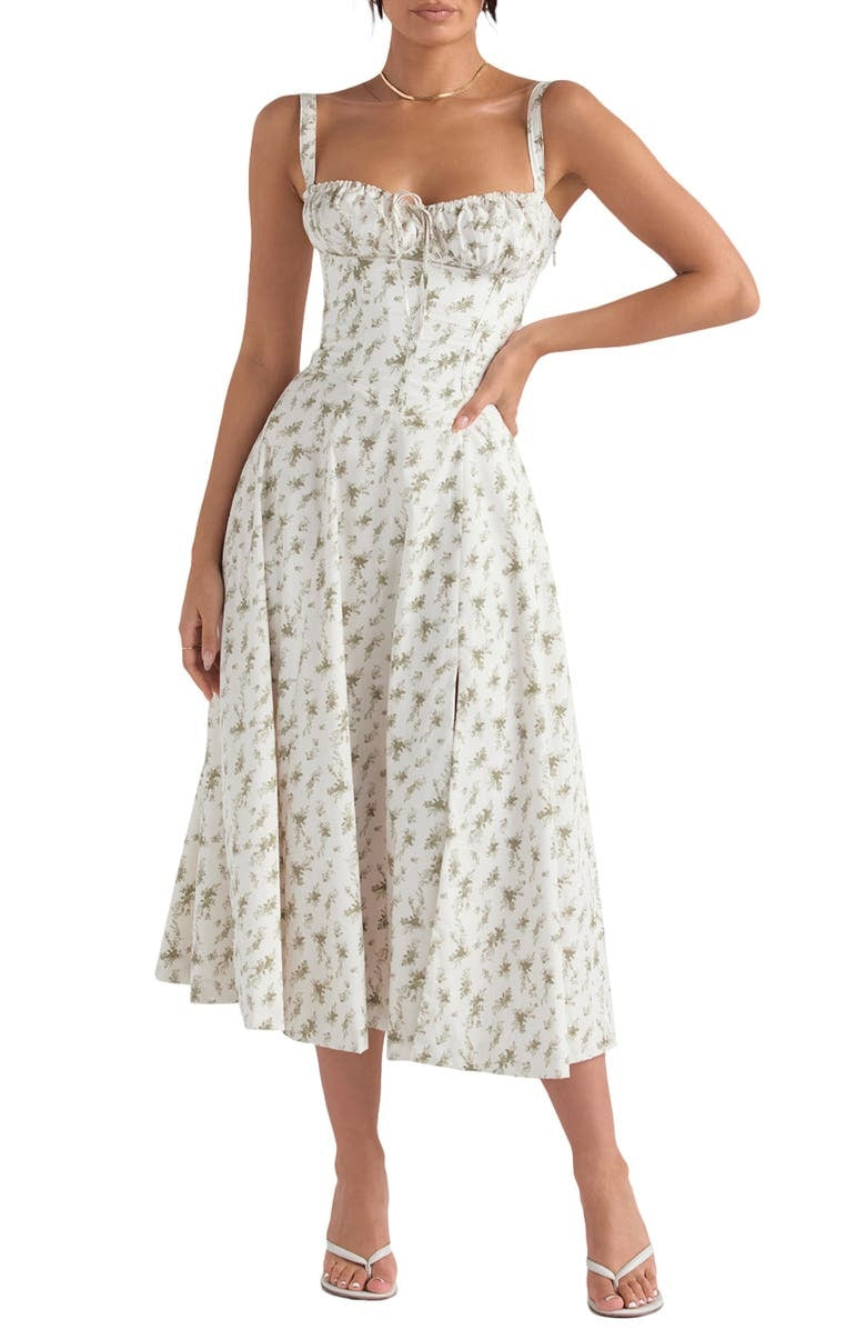Floral midi dress with sweetheart neckline, A-line cut, light summer fabric for women