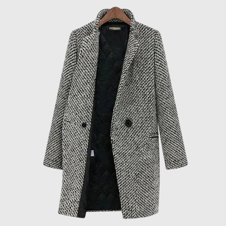 Women's winter trench coat beige textured woven notched collar streamlined silhouette cozy lining