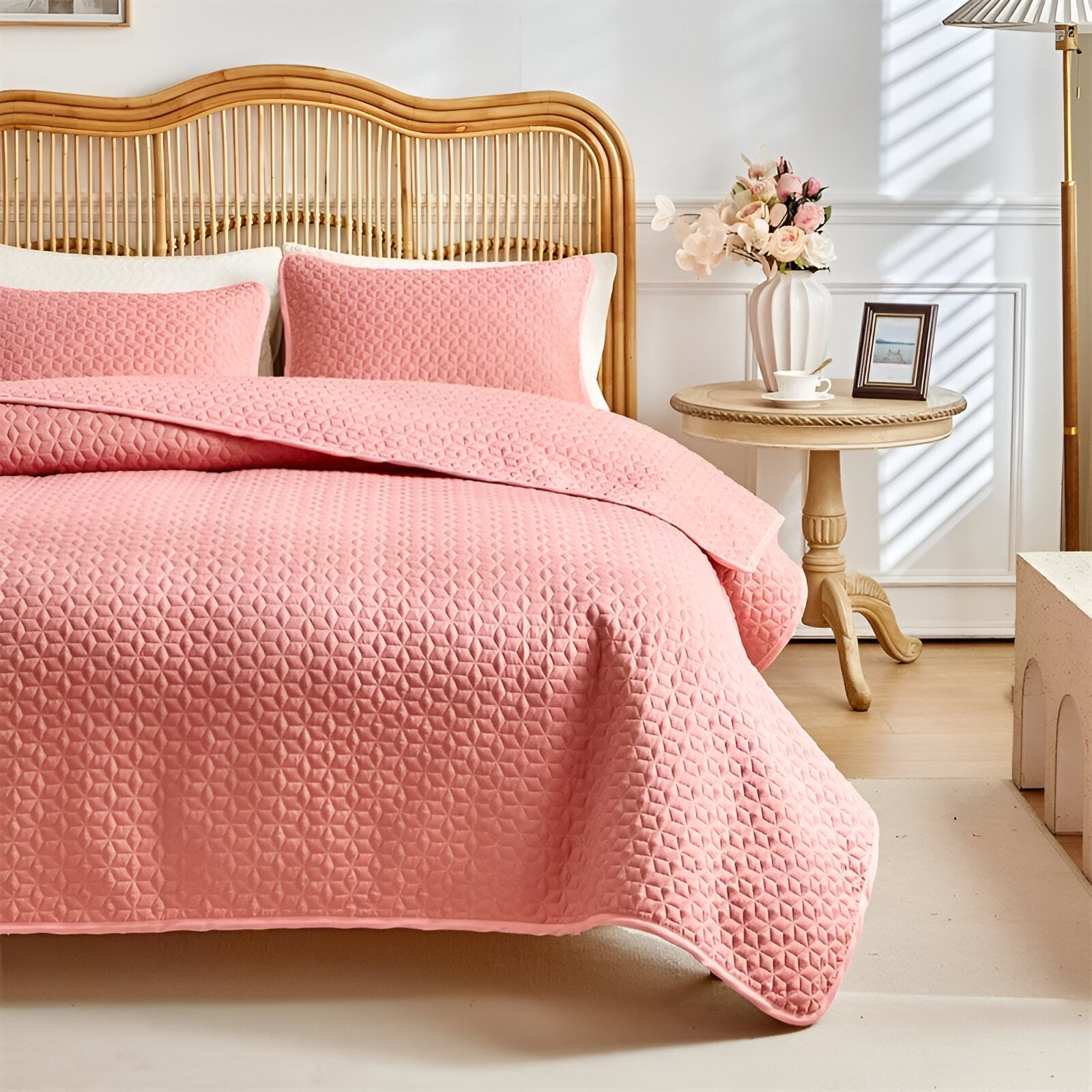 Beige quilted bedspread set three-piece minimalist design with subtle texture for calm bedroom styling