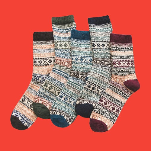 Cozy thick wool vintage-design warm socks 5-pair set for cold-weather winter comfort