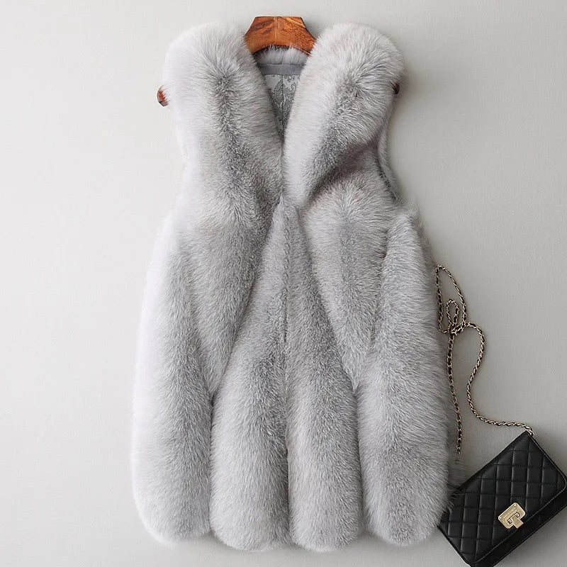 Women's relaxed fit open-front faux fur vest thigh-length cozy layering piece for fall winter
