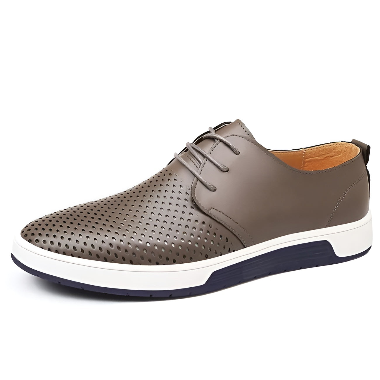 Men's navy blue perforated low top sneaker faux leather lace-up casual breathable silhouette