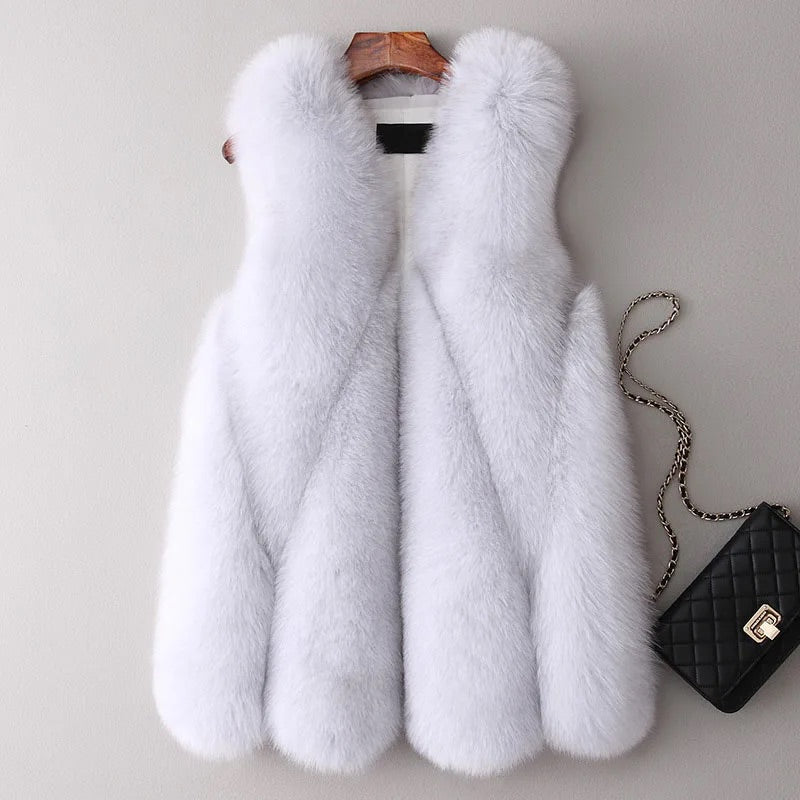 Women's relaxed fit open-front faux fur vest thigh length cozy layering piece for fall winter