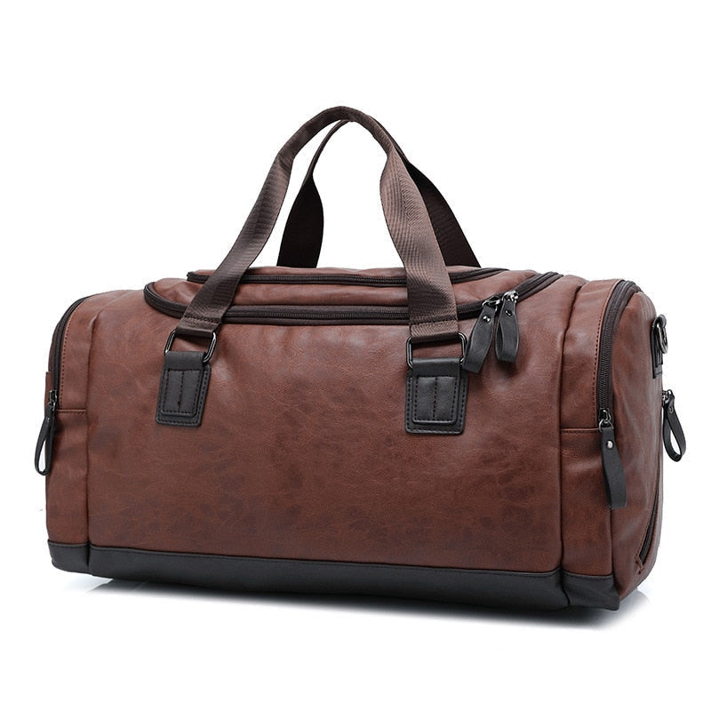 Men's two-tone leather duffel bag, premium travel companion with distinctive dual-color finish