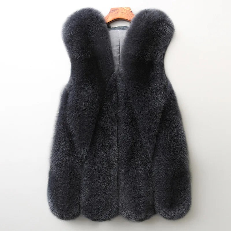 Women's relaxed fit open-front fur vest thigh length cozy layering piece for fall winter