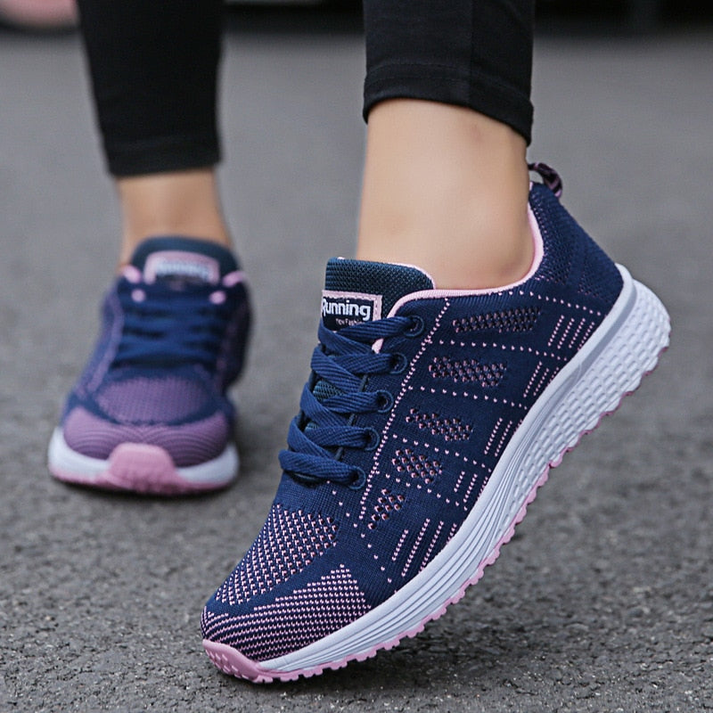 Women's orthopedic walking shoes in neutral tones with breathable knit upper and built-in arch support
