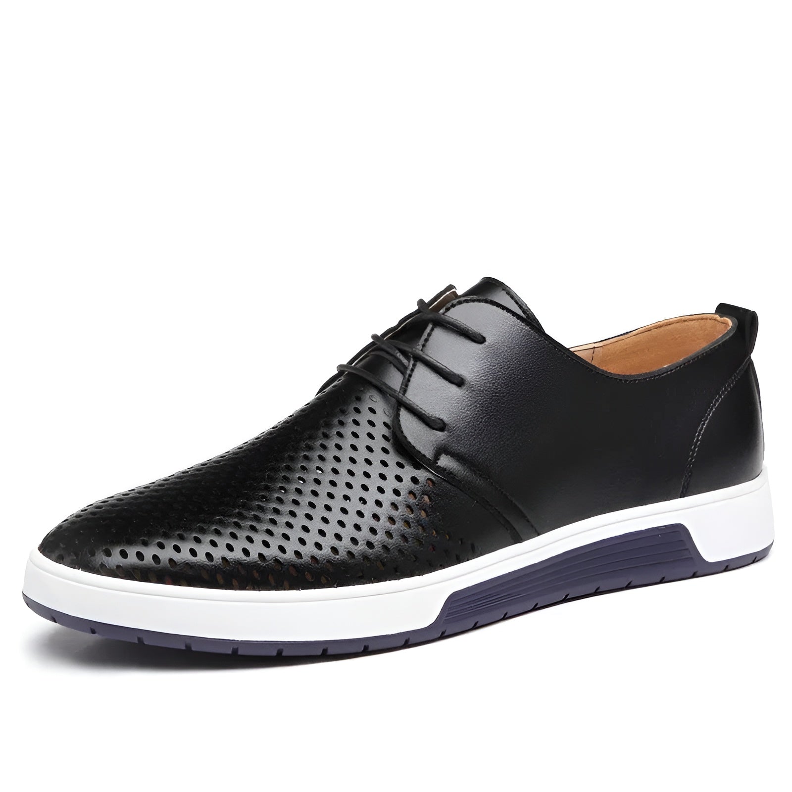Men's navy blue perforated low top sneaker faux leather lace-up breathable casual style