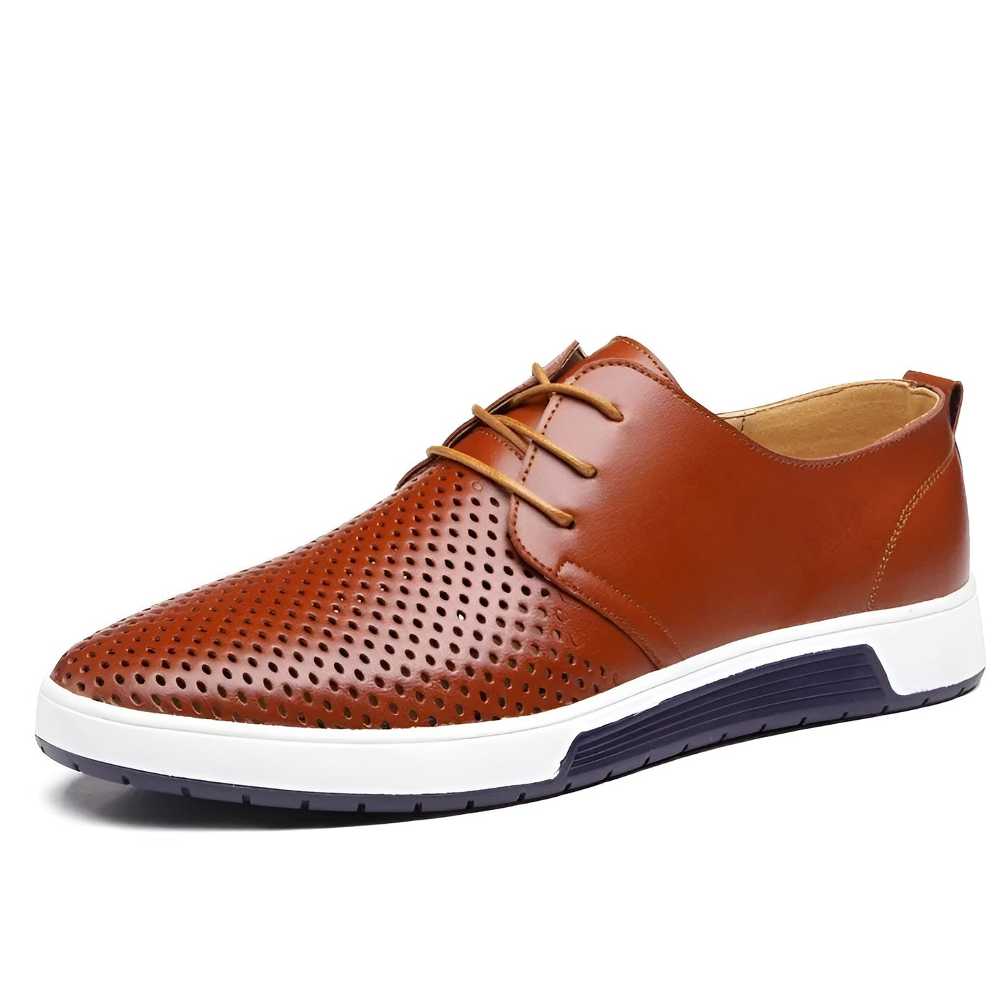Men's navy blue perforated low top sneaker faux leather lace-up casual breathable silhouette