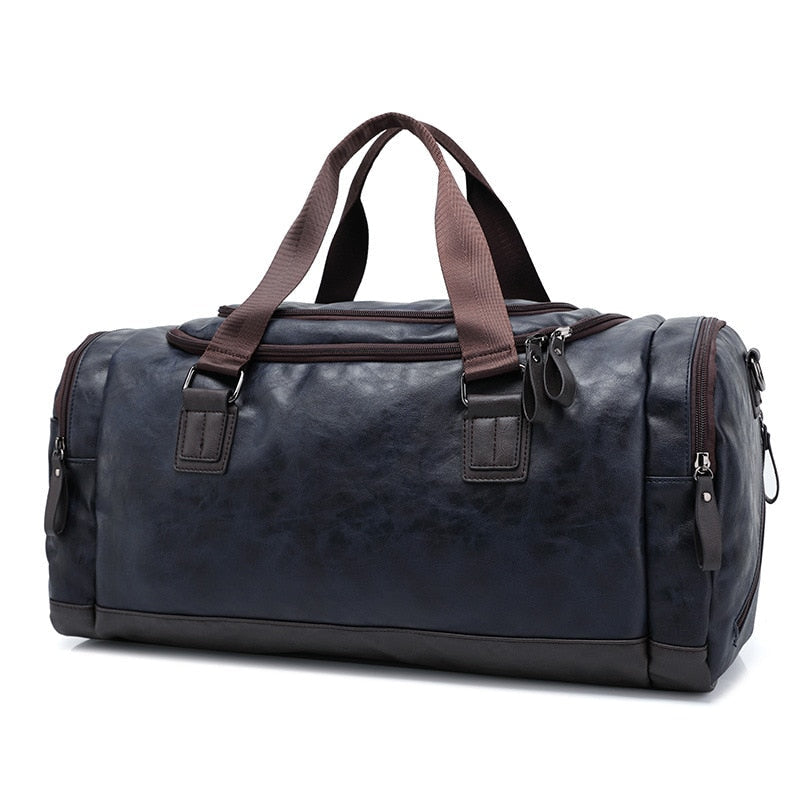 Men's two-tone leather duffel bag, premium travel bag with refined dual-color finish