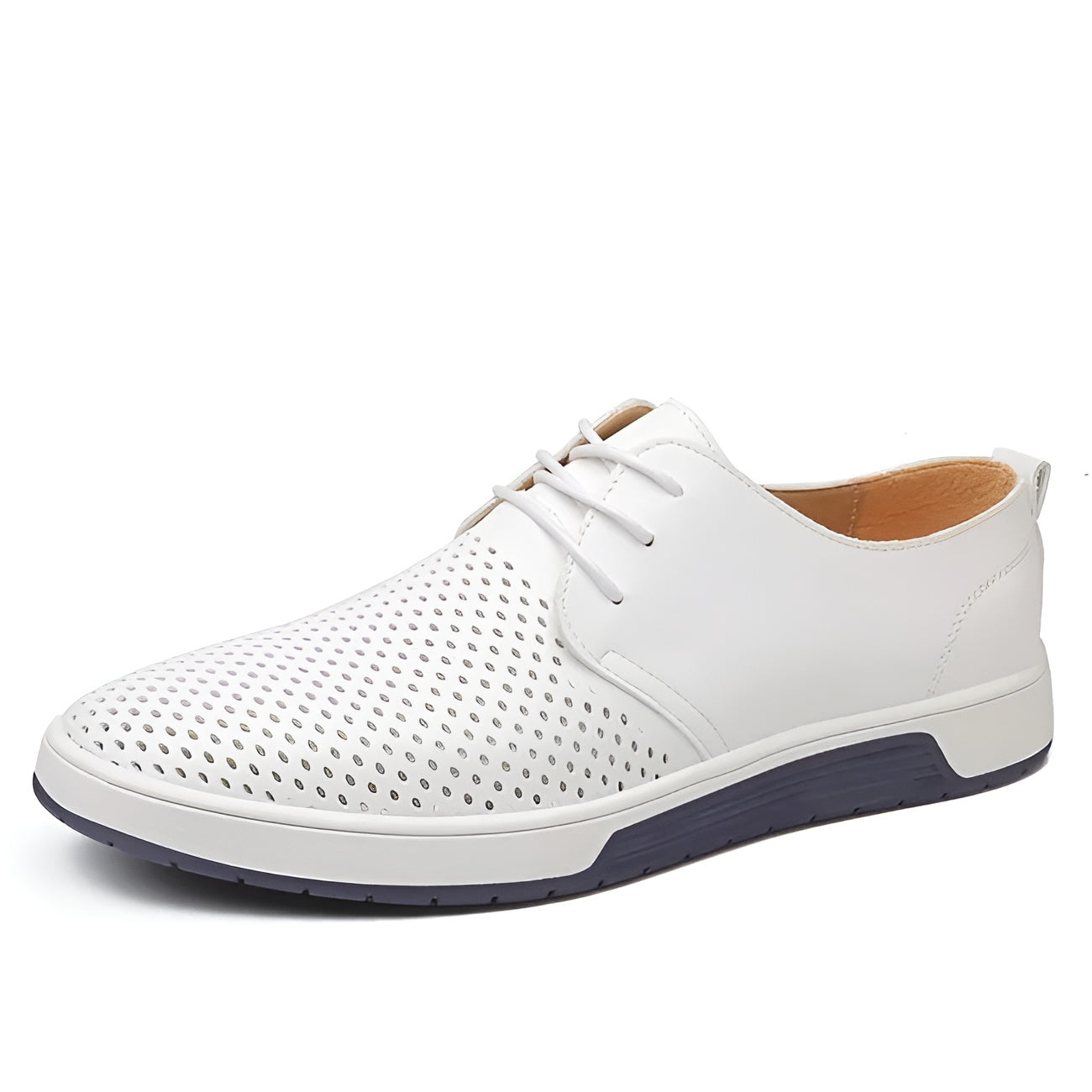Men's navy blue perforated low top faux leather sneaker with lace-up closure and breathable laser-cut design