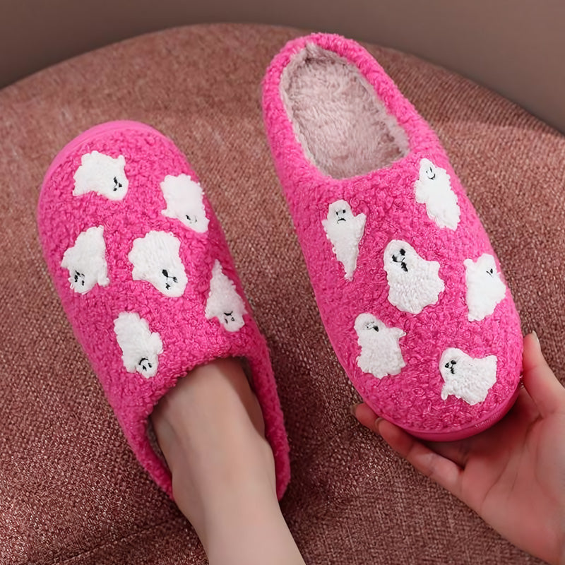 Humtto Halloween ghost pumpkin plush slippers cozy plush-lined indoor shoes with anti-slip sole