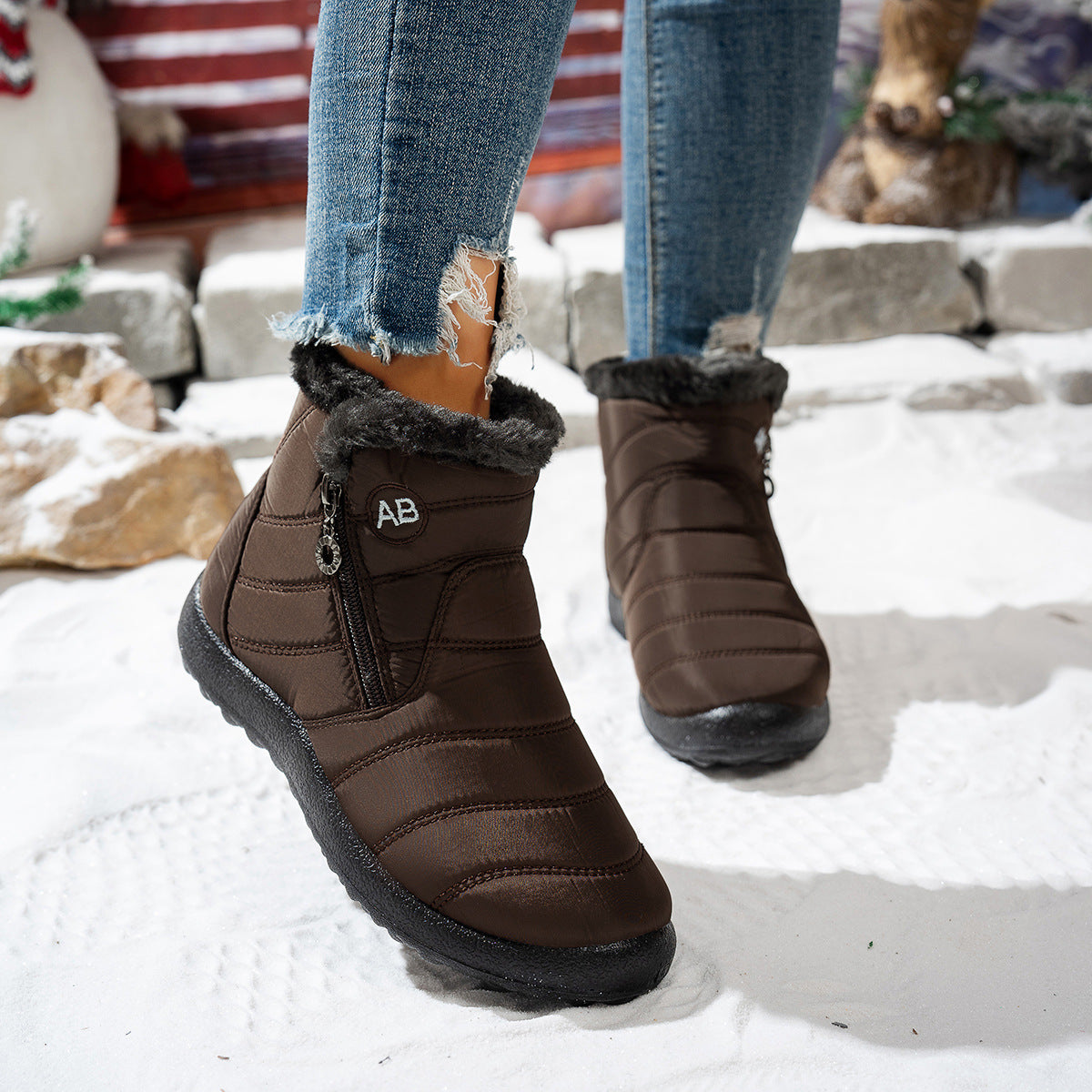 Women's waterproof walking boots with plush faux-fur lining, lightweight anti-slip winter comfort