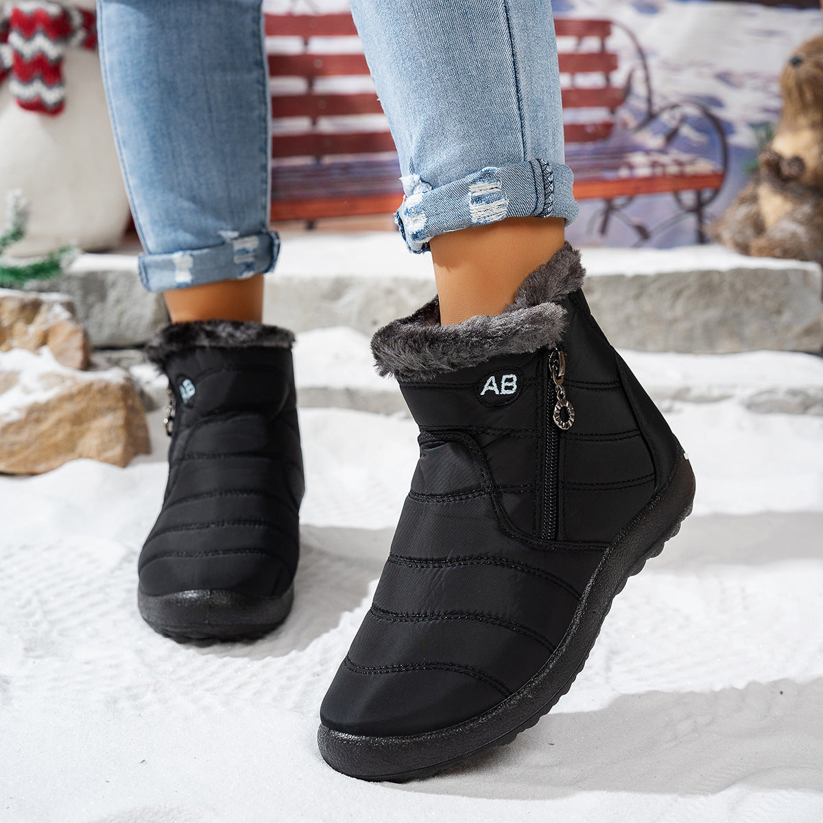 Women's waterproof walking boots with plush faux-fur lining, lightweight anti-slip winter comfort