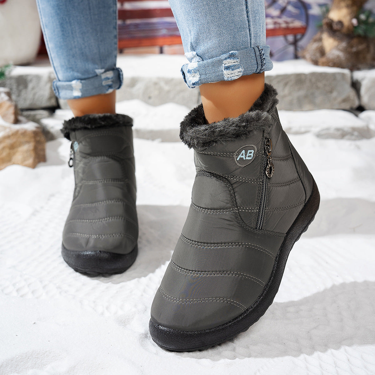 Women's waterproof walking boots with plush faux-fur lining, lightweight anti-slip winter comfort shoes