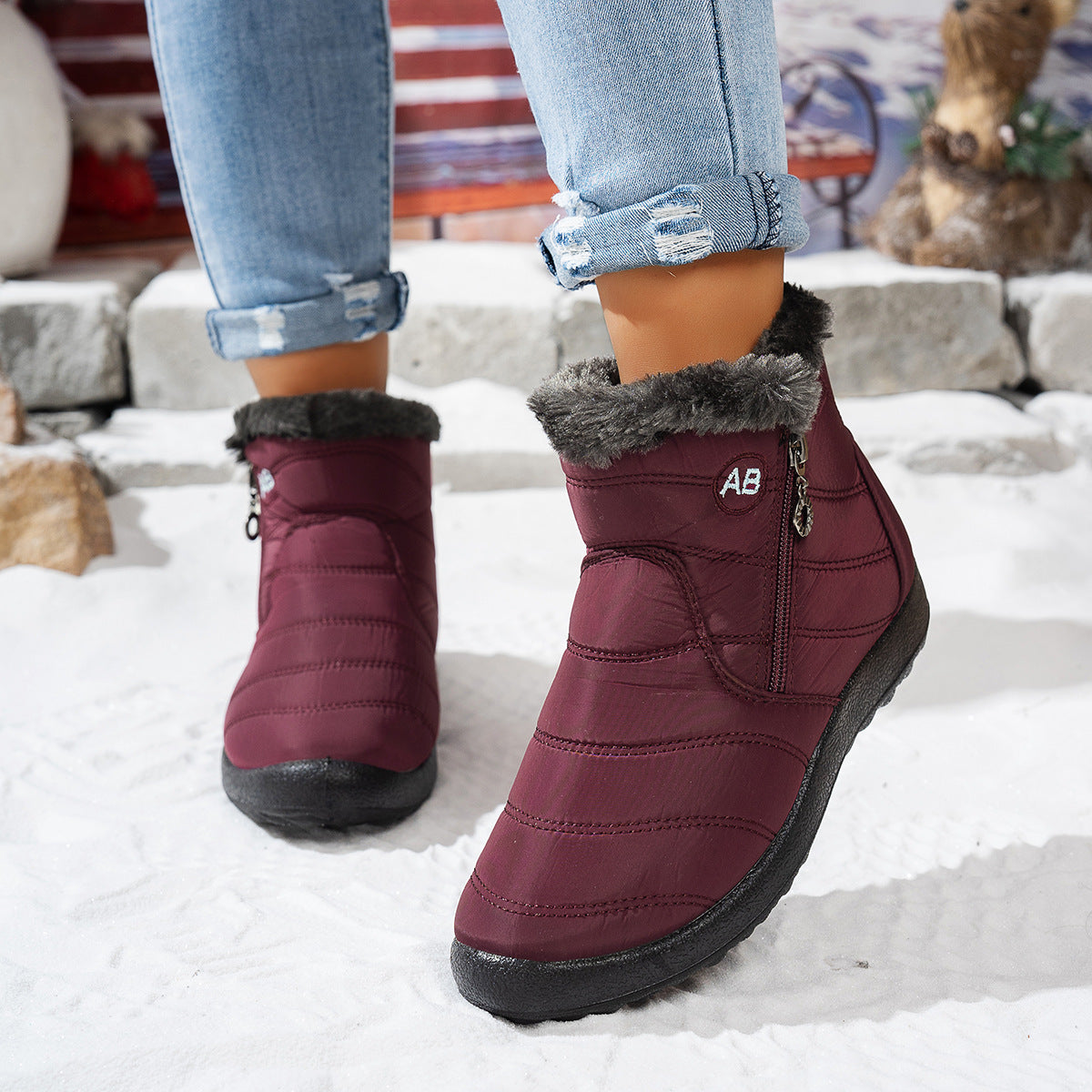 Women's waterproof walking boots with plush faux-fur lining, lightweight anti-slip winter comfort