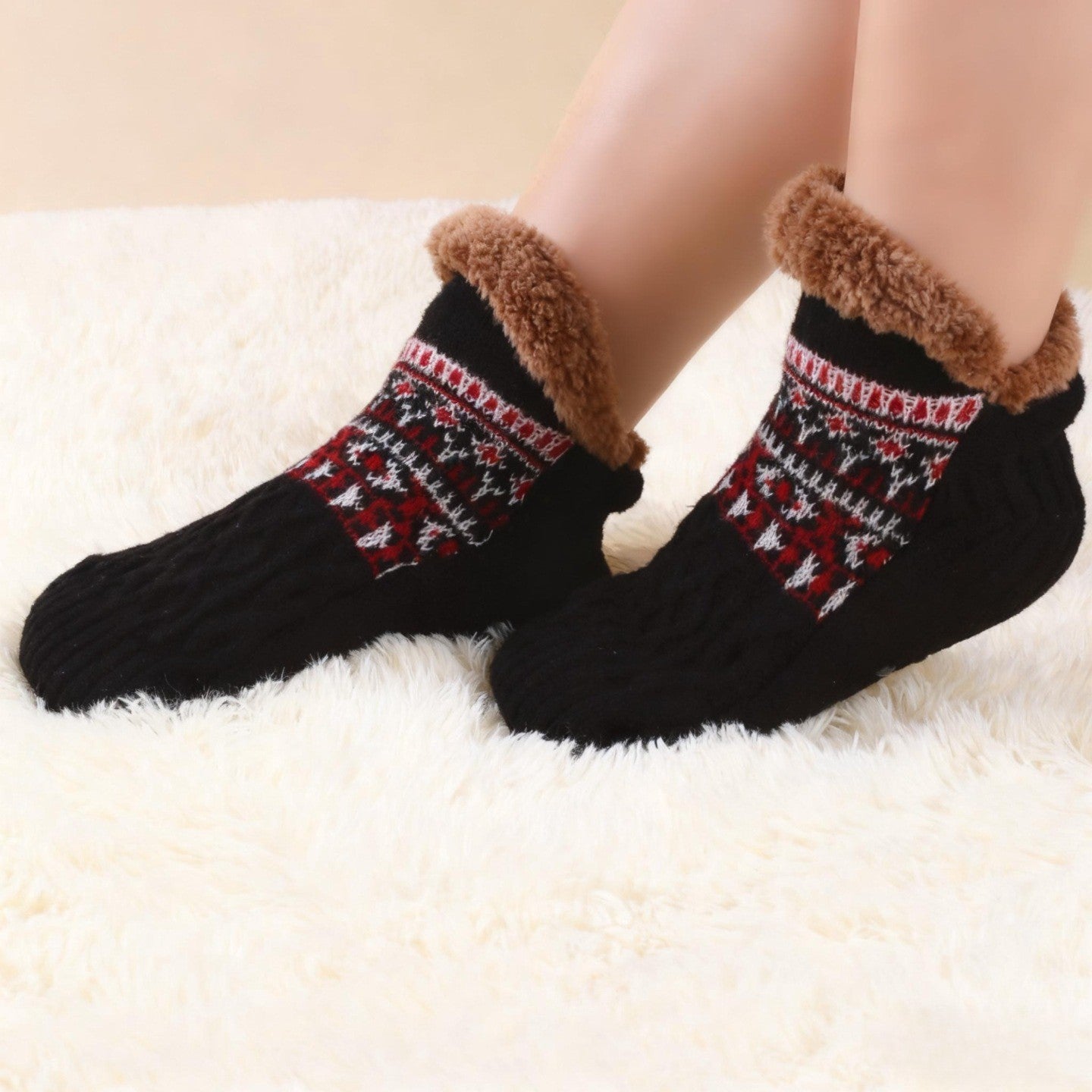Plush fleece-lined non-slip slipper socks for women, ultra-warm cozy home comfort, cold floor grip
