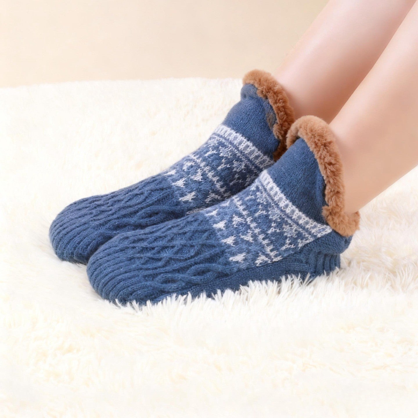 Cozy non-slip slipper socks with plush fleece lining, warm neutral tones, slip-free sole for cold floors