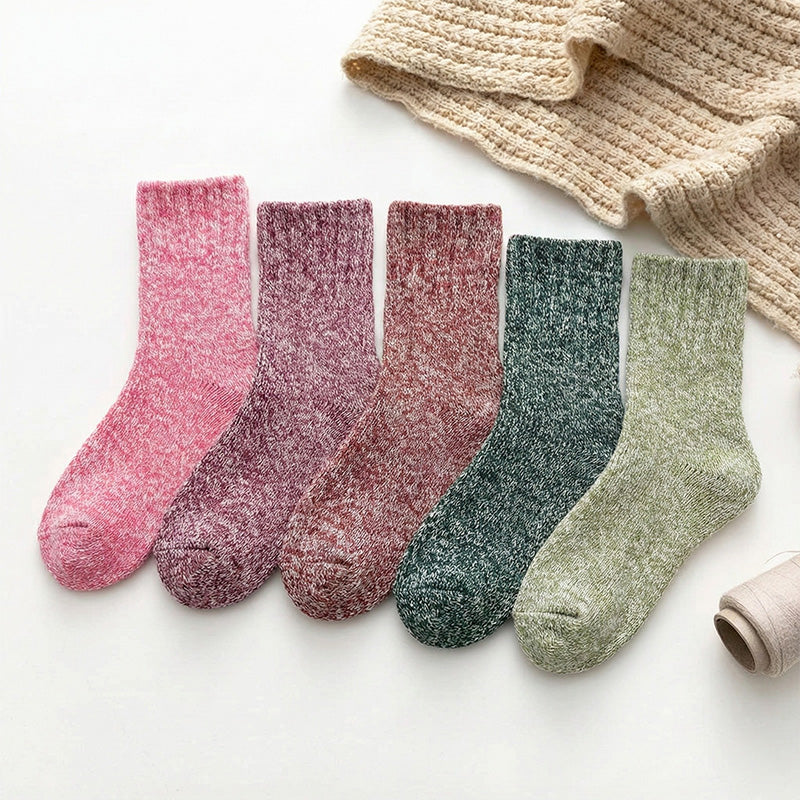 Women's thermal wool socks 5-pair pack, chunky vintage knit, solid colors, warm thick winter comfort