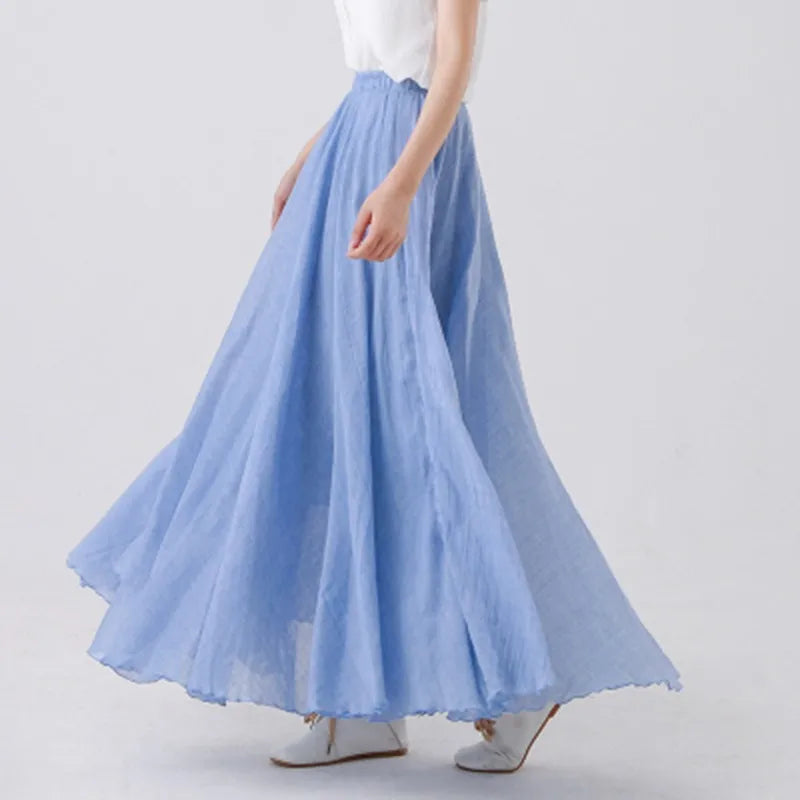 Women's cotton-linen pleated A-line maxi skirt, breathable lightweight fabric with fluid drape