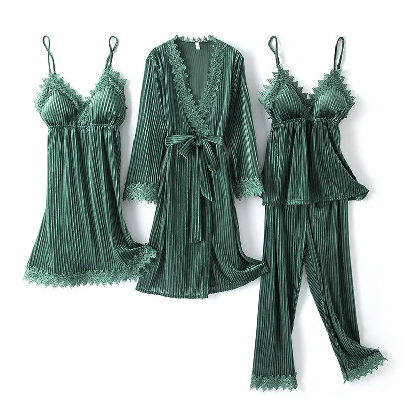 Women's soft velour sleepwear set with lace-trimmed camisole and robe, three-pack, quiet luxury