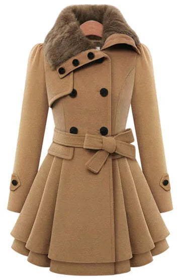 Women's wool trench coat in classic cut with plush sherpa lining and fur collar for luxurious warmth