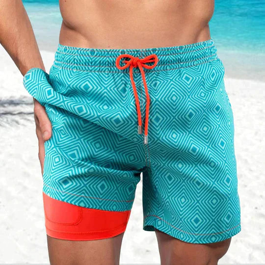 Men's tropical palm print beach shorts with adjustable drawstring waist for bold coastal style