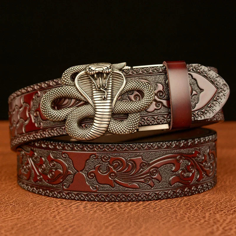 Men's brown embossed leather belt with bold cobra buckle, premium statement accessory