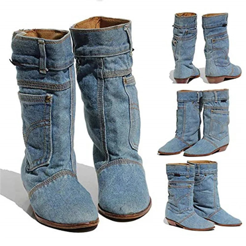 Denim ankle boots women low heel pleated round toe Western-inspired chic everyday comfort
