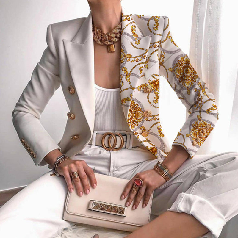 Women's contrast panel work blazer with bold patterned design, tailored fit, and buttoned front closure