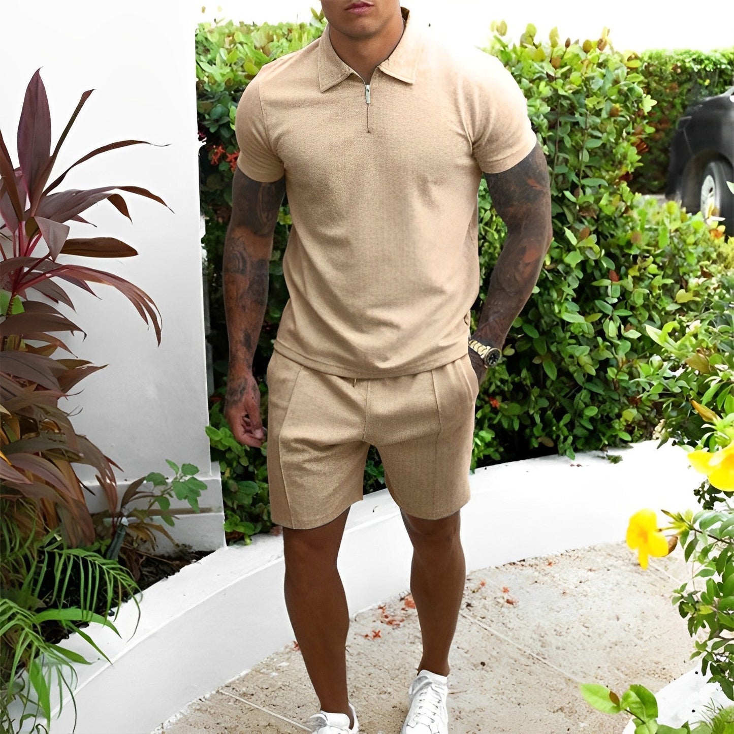 Men's light blue polo shirt and shorts summer set, relaxed-fit breathable two-piece matching outfit