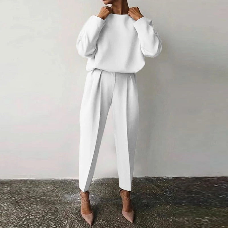 Women's two-piece suit set relaxed balloon sleeve top high-waisted tapered pants office style