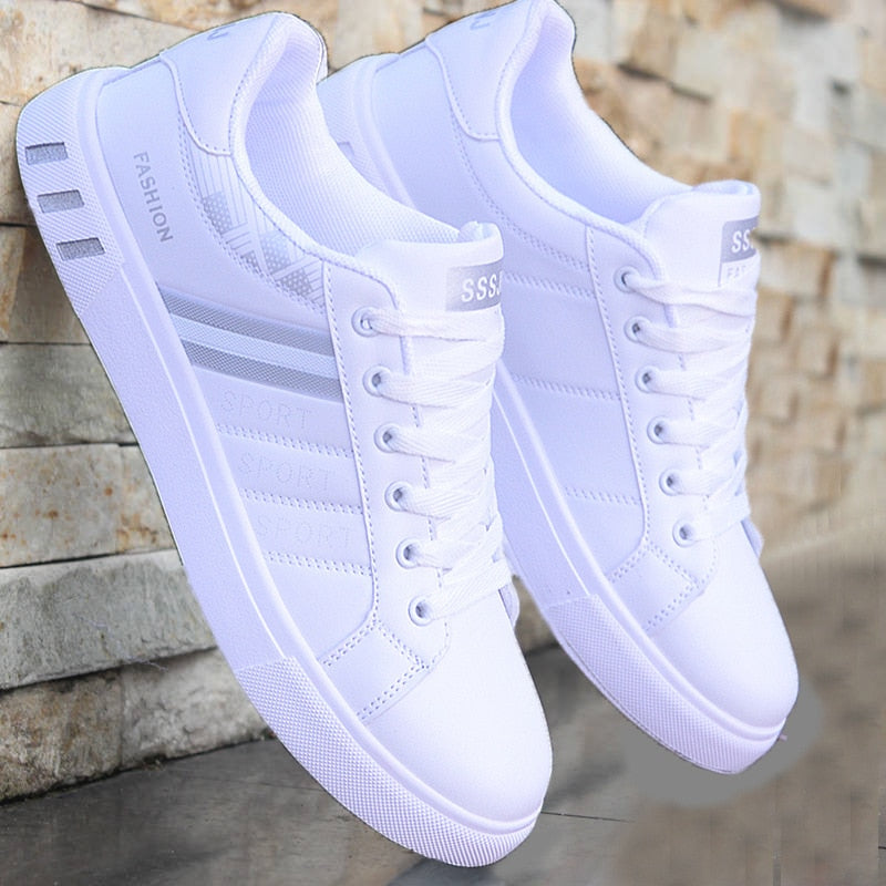 Unisex stripe lace-up sneakers in white, smooth panelled upper with stitched texture for daily comfort