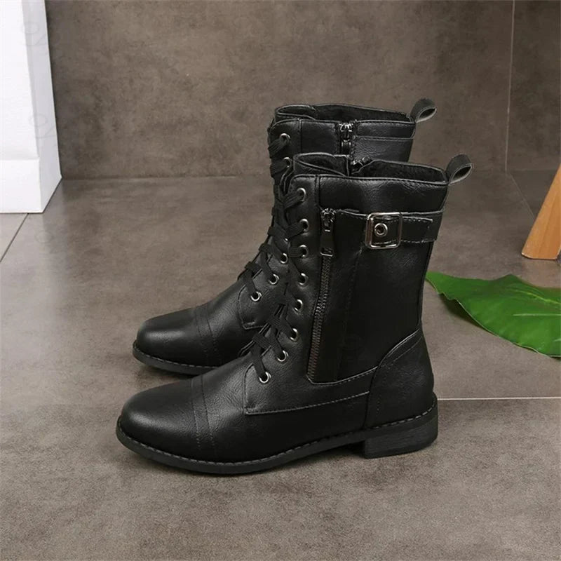 Women's brown mid-calf boots textured leather lace-up zip western frontier style